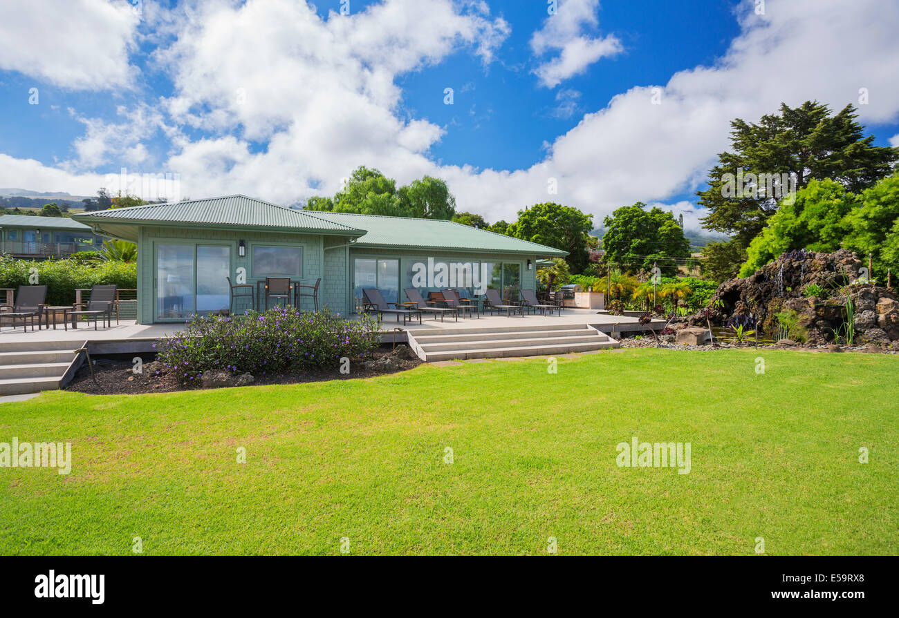 Maison de banlieue avec jardin et pelouse verte Banque D'Images