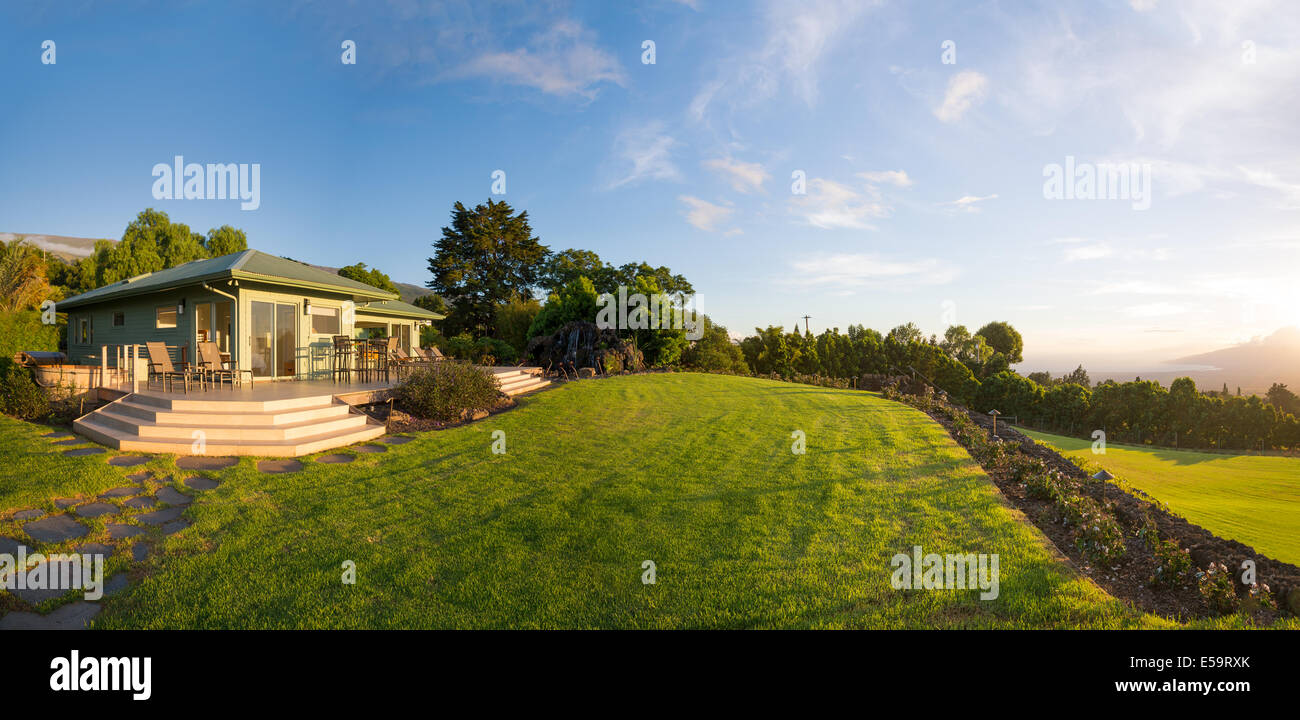 Maison de banlieue avec jardin et pelouse verte Banque D'Images