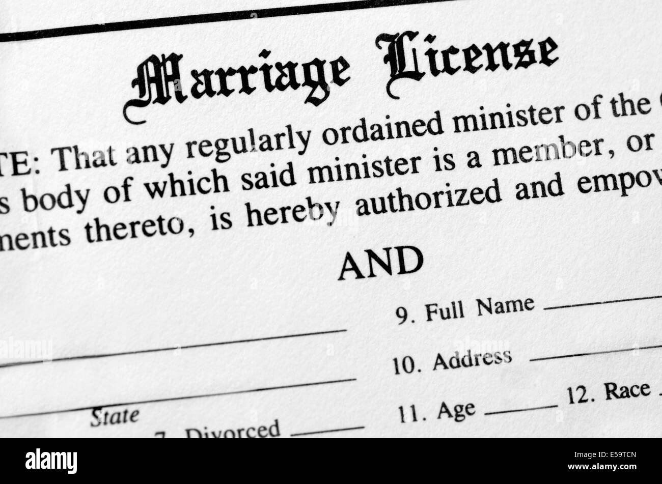 Libre de licence de mariage sous forme de document devant être rempli et déposé Banque D'Images