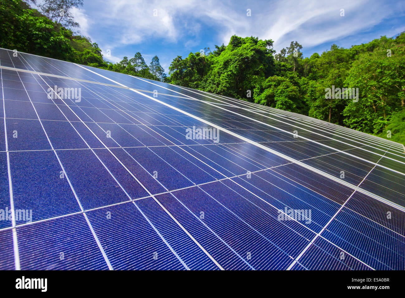 Panneaux de cellules solaires avec des arbres et ciel bleu nature plein air Banque D'Images