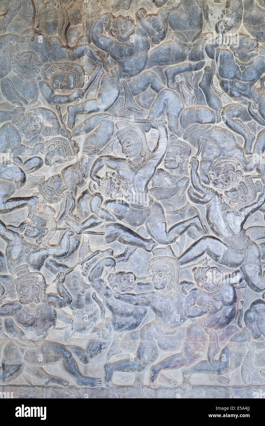 Bas-reliefs sur la galerie ouest d'Angkor Wat, au Cambodge Banque D'Images