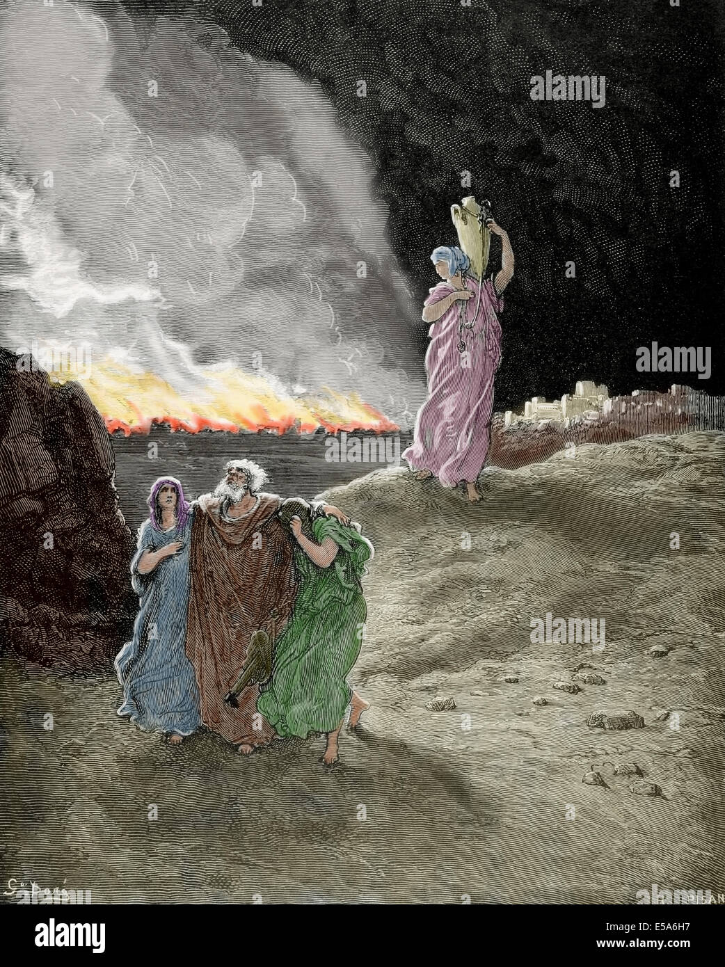 Lot, personne mentionnée dans le livre de la Genèse, Bible. Épisode de la destruction de Sodome et Gomorrhe. Lot fuit de Sodome. De couleur. Banque D'Images