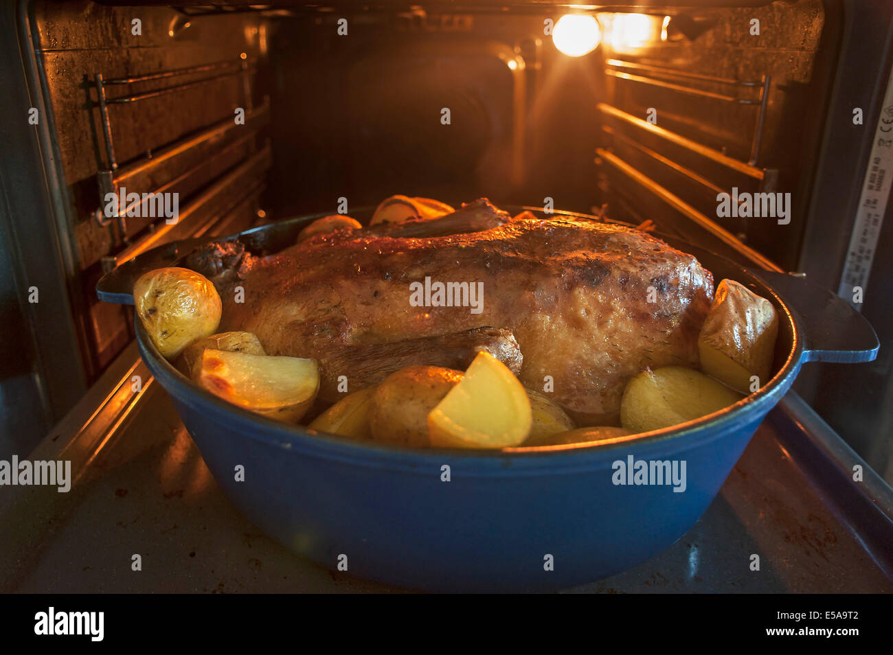 Canard rôti avec des pommes de terre dans une rôtissoire au four Banque D'Images
