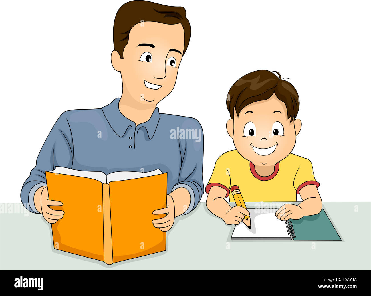 Illustration d'un père aide sa réponse ses devoirs Banque D'Images