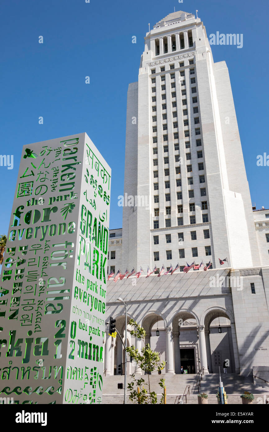 Los Angeles Californie, centre-ville, quartier du centre civique, hôtel de ville de Los Angeles, 1928, tour, extérieur, art déco, architecture Grand Park, parc public, panneaux, tot Banque D'Images