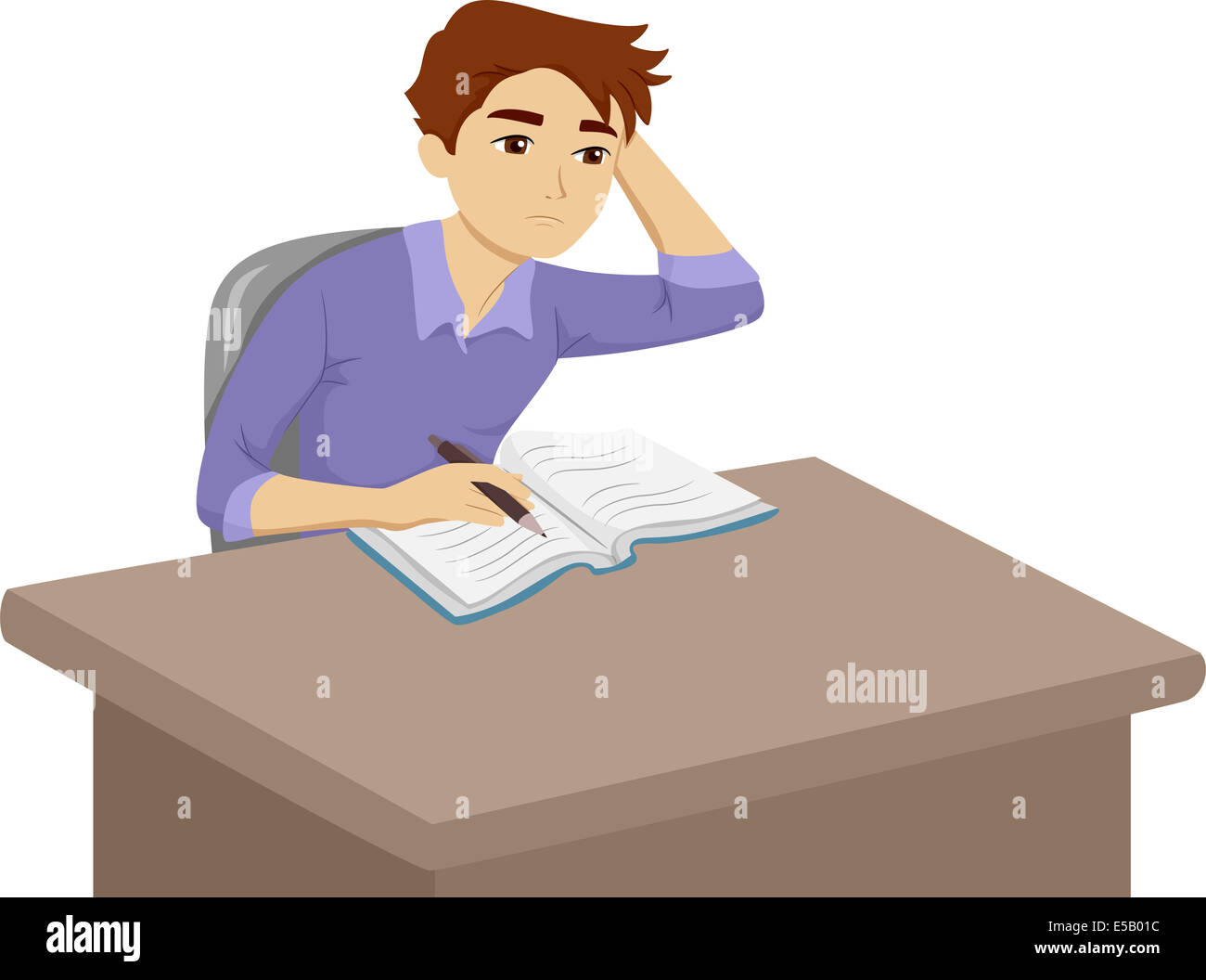 Illustration d'un adolescent de sexe masculin ayant des difficultés avec ses devoirs Banque D'Images