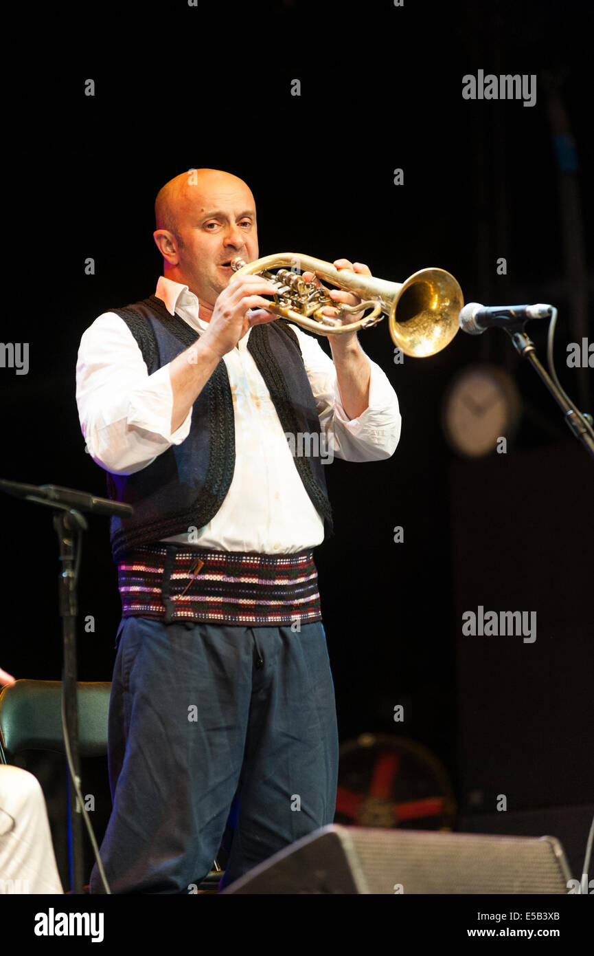 Charlton Park, Royaume-Uni. Le 25 juillet, 2014. Goran Bregović (costume blanc) et son Mariage & Funeral Orchestra , le Balkan brass band mavericks, perfoms le titre de la loi sur la scène en plein air au festival WOMAD à une foule attend avec impatience. Arrivant en retard, apparemment en raison du trafic, Goran et son groupe - qui jouent plus de 100 spectacles par année - ont été en mesure de changer en quelques minutes pour satisfaire la foule. Credit : Francesca Moore/Alamy Live News Banque D'Images