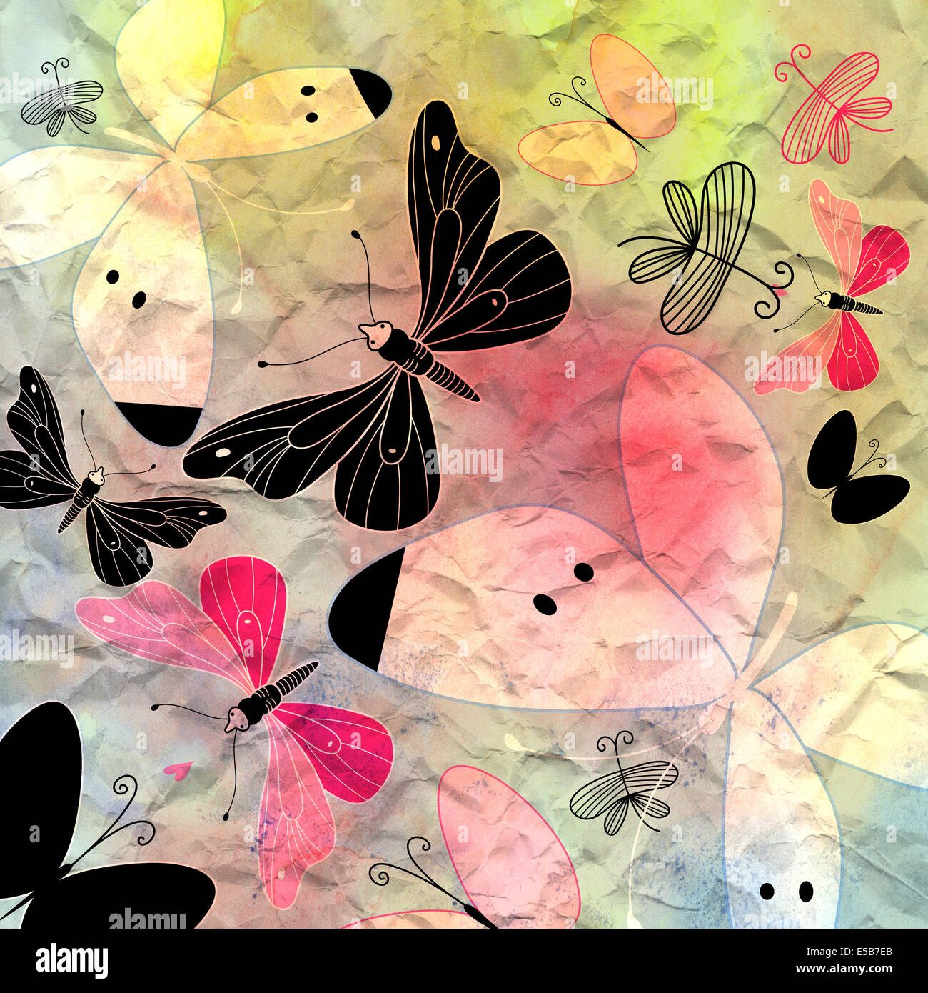 Papillons différents sur une aquarelle de l'arrière-plan Banque D'Images