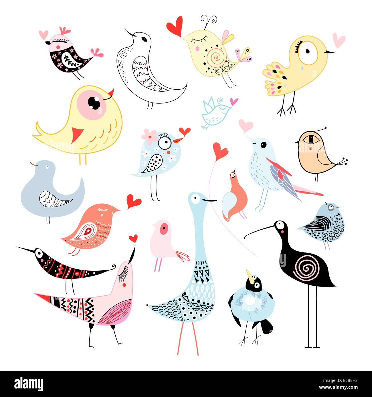 Peints de couleur vive différents oiseaux sur fond blanc Banque D'Images