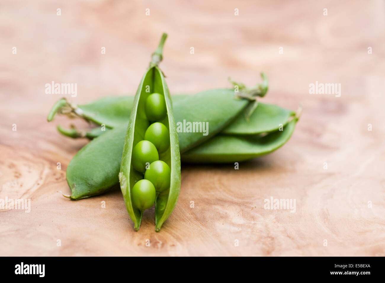 Pisum sativum. Pois fraîchement cueillis sur une planche de bois. Banque D'Images