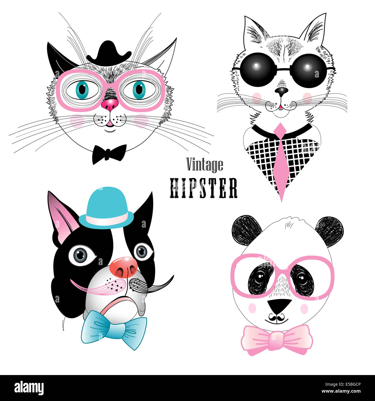 Funny graphiques ensemble de différents animaux hipster sur fond blanc Banque D'Images