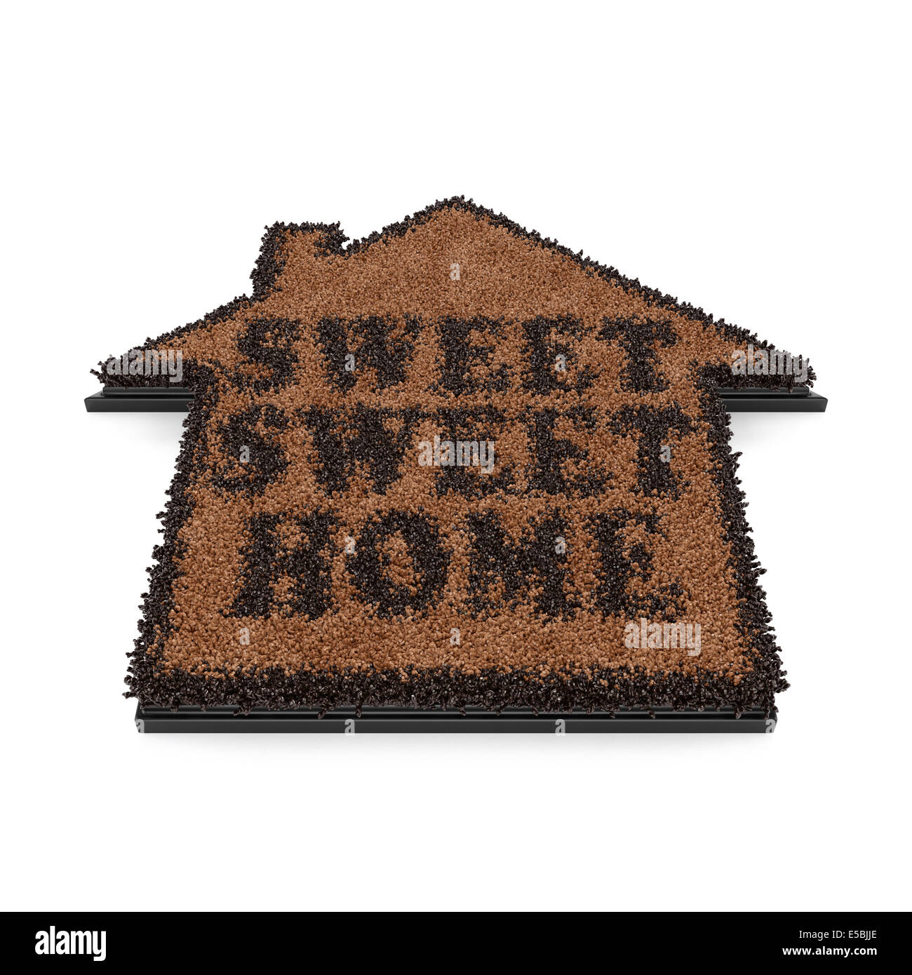 3D render of brown forme maison paillasson coco avec texte Sweet, sweet home isolé sur fond blanc Banque D'Images