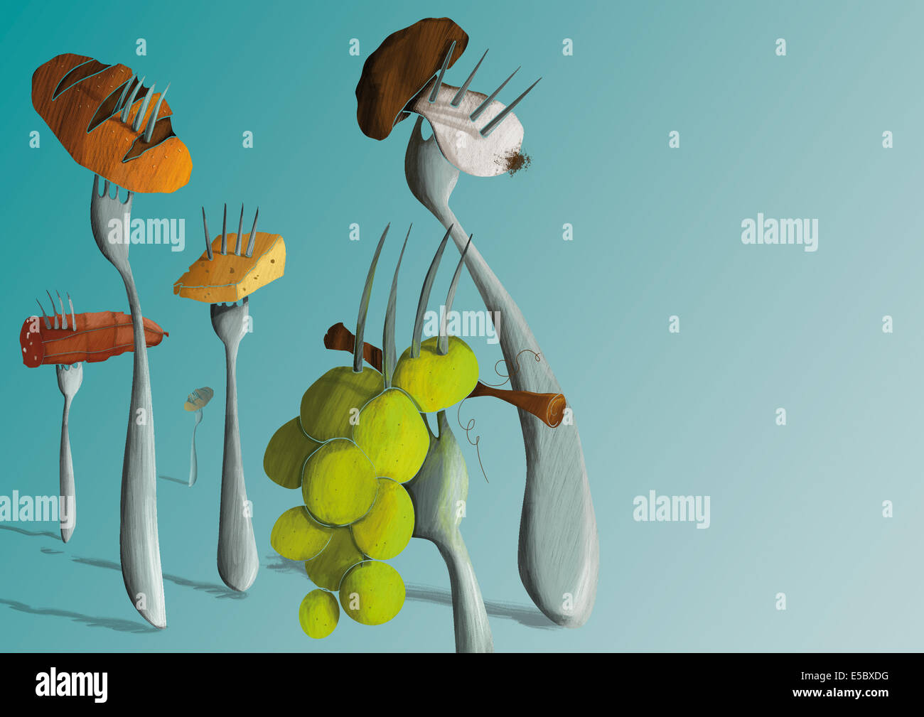 Illustration des différents aliments inséré dans forks contre fond vert Banque D'Images