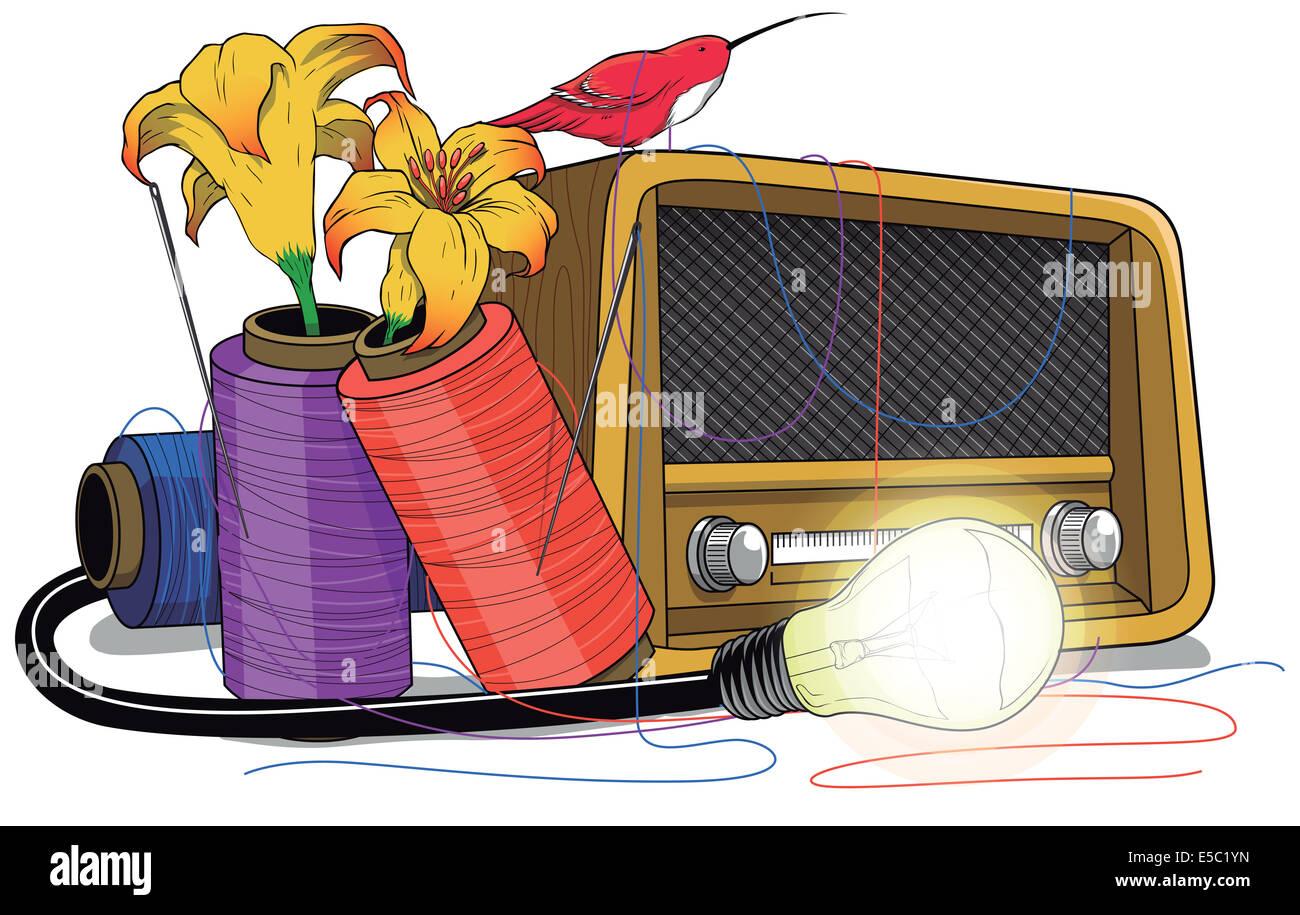 Illustration de radio vintage avec des fleurs dans les bobines de fil et l'ampoule allumée contre fond blanc Banque D'Images