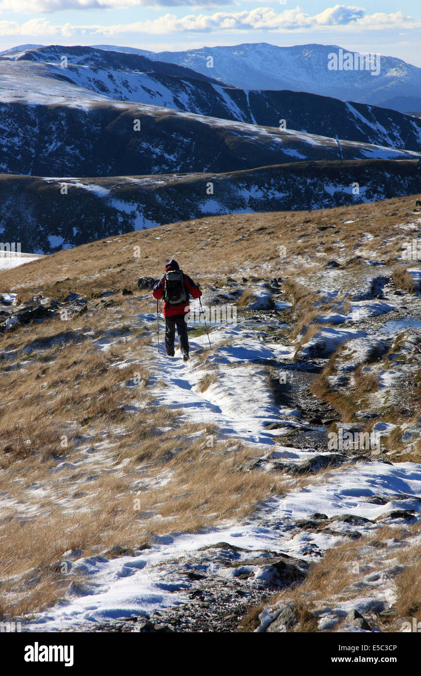 Un marcheur avec bâtons de marche dans de la neige légère entre l'Kidsty Pike et High Street, deux fells dans le Lake District Banque D'Images