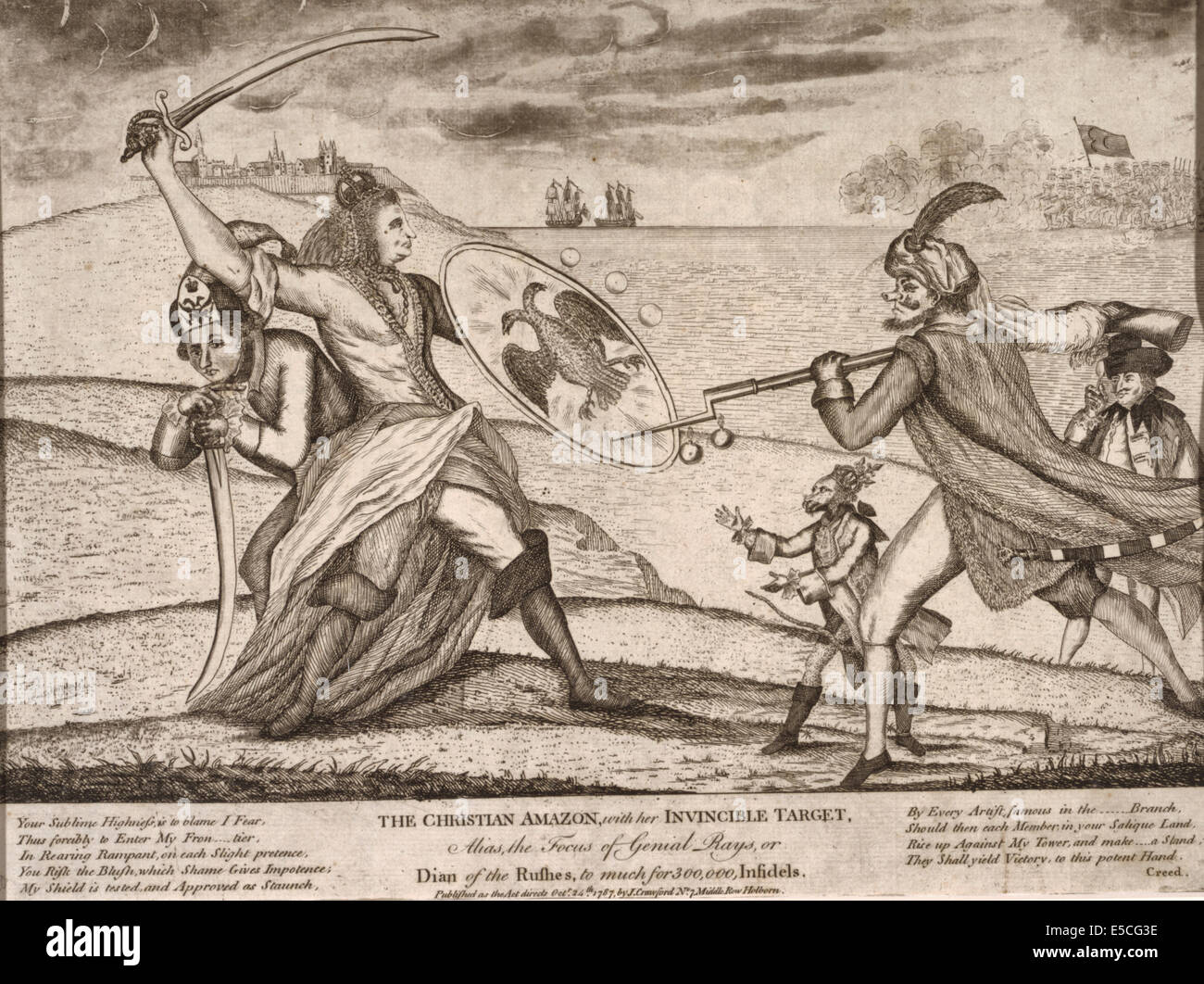 La Christian amazon, avec son invincible, Alias cible, l'objet d'avenant ou de la Dian se précipite, à 300 000, pour beaucoup d'infidèles. Caricature montre Catherine II, en tant qu'amazon avec épée posée et portant un bouclier arborant aigle bicéphale, luttant contre le Sultan, Selim III, à l'attaque avec un fusil avec baïonnette fixe ; Joseph II, un allié, se cache derrière une apish Catherine ; Louis XVI et le roi d'Espagne se tenir au côté du Sultan ; en arrière-plan l'armée turque de forêt cannon et lobs grenades qui sont repoussées par Catherine's shield. Banque D'Images