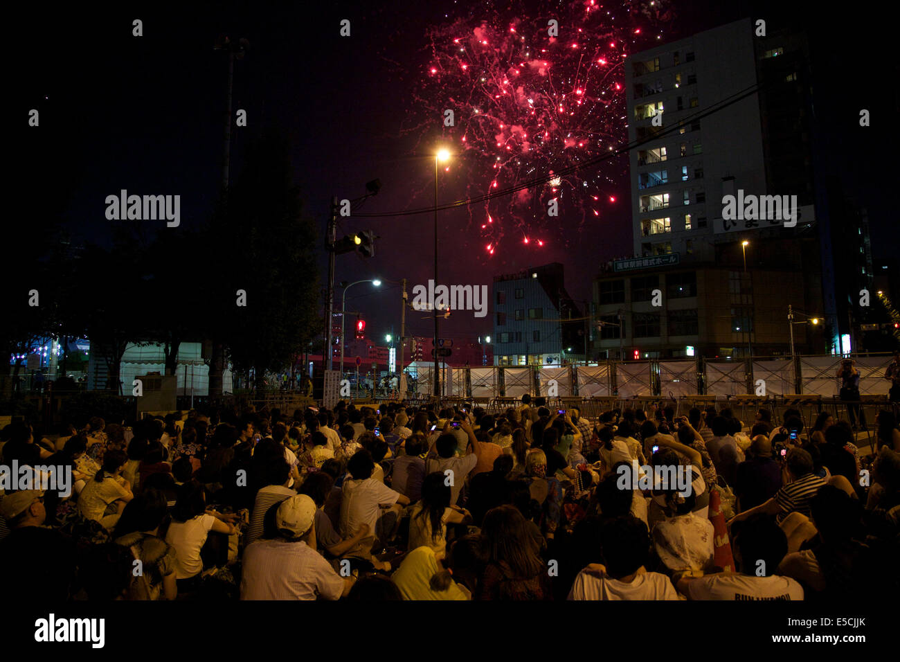 Tokyo, Japon. 26 juillet, 2014. Les gens voient l'artifice de la zone Asakusa pendant le 37e Festival d'artifice de la rivière Sumida, le 26 juillet 2014. Plus de 25 mille d'artifice étant explosé le long de la rivière Sumida. Les organisateurs et la police estime qu'environ 900 mille personnes ont visité l'événement. © Rodrigo Reyes Marin/AFLO/Alamy Live News Banque D'Images