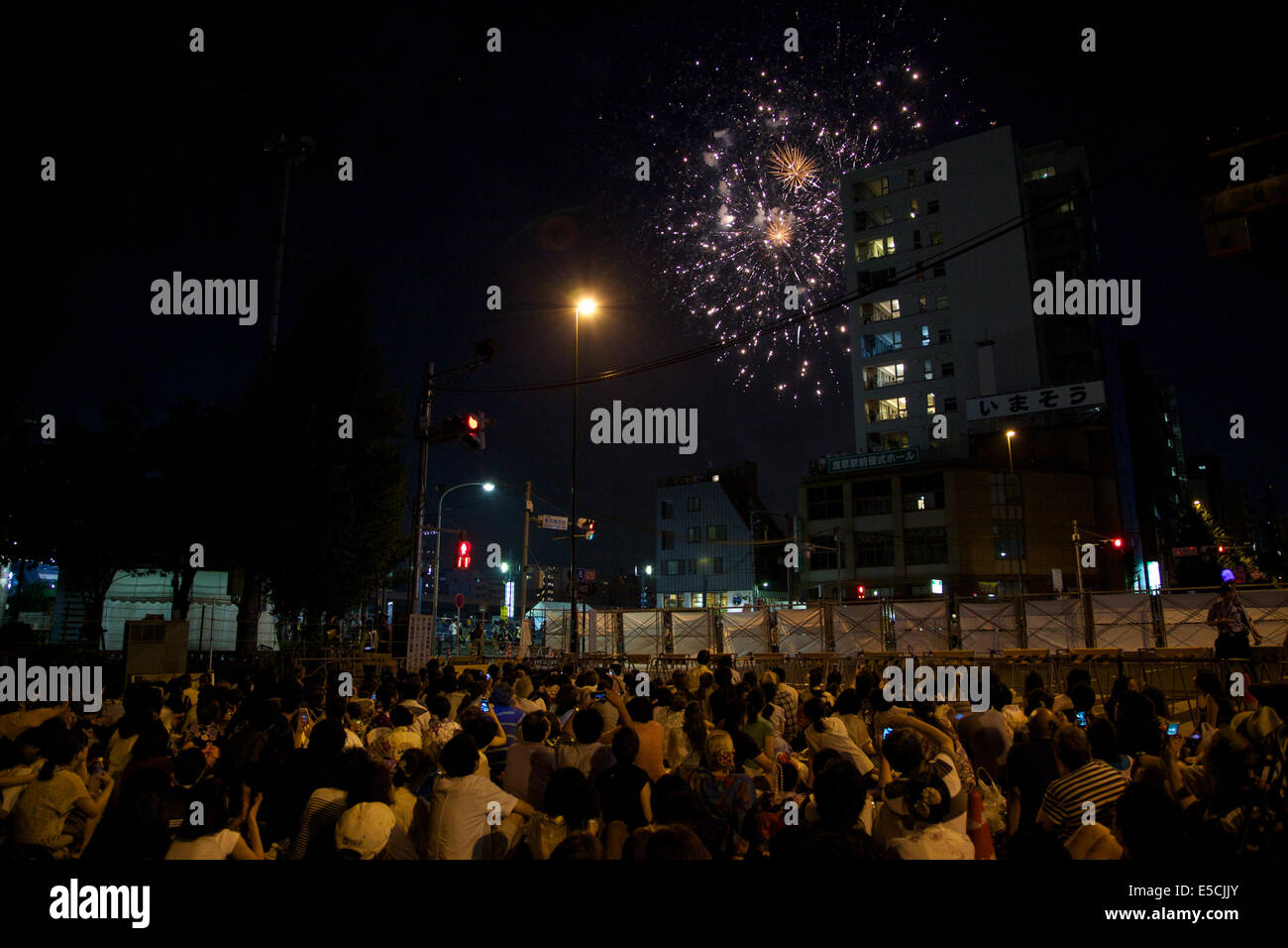 Tokyo, Japon. 26 juillet, 2014. Les gens voient l'artifice de la zone Asakusa pendant le 37e Festival d'artifice de la rivière Sumida, le 26 juillet 2014. Plus de 25 mille d'artifice étant explosé le long de la rivière Sumida. Les organisateurs et la police estime qu'environ 900 mille personnes ont visité l'événement. © Rodrigo Reyes Marin/AFLO/Alamy Live News Banque D'Images