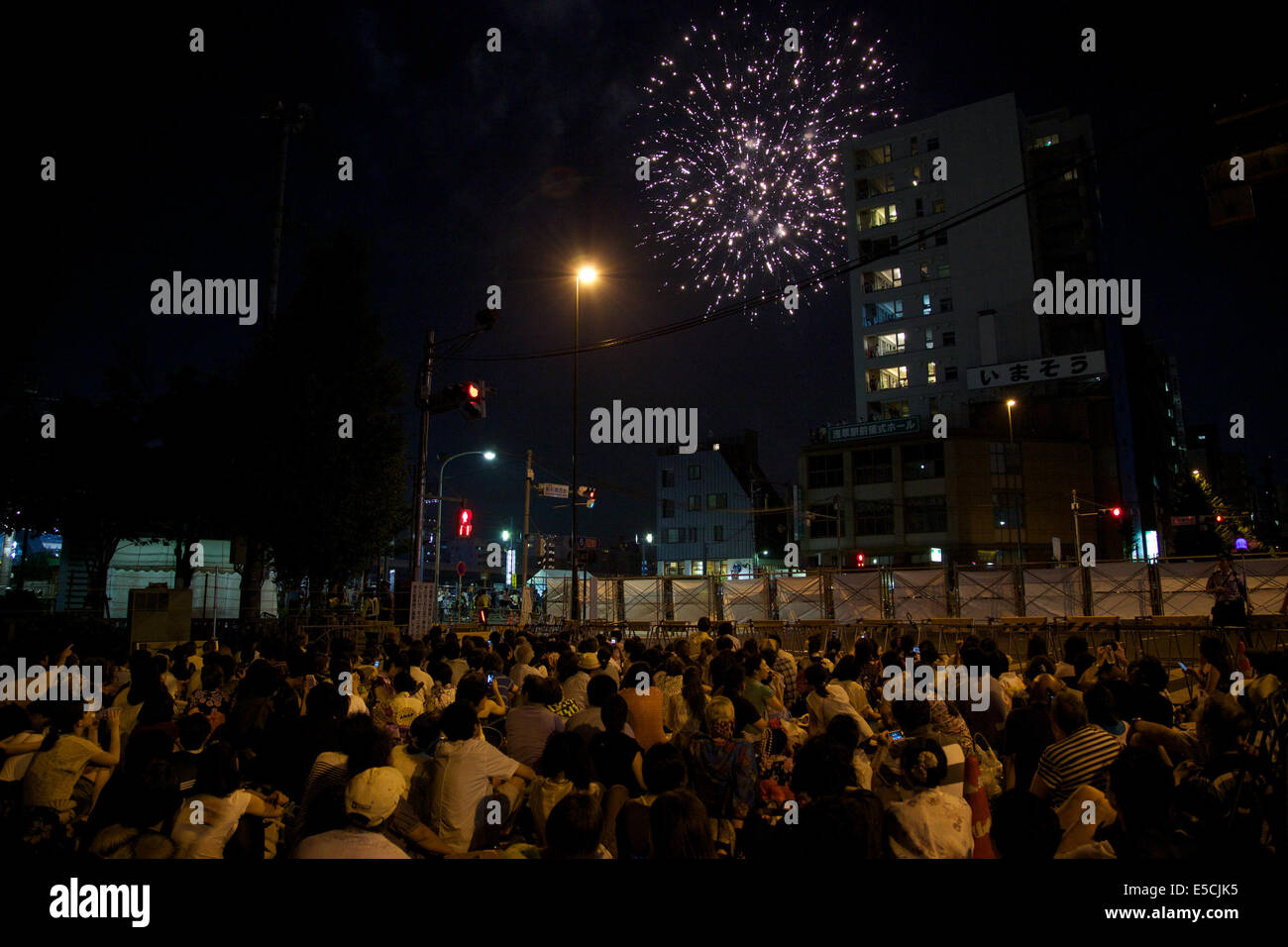 Tokyo, Japon. 26 juillet, 2014. Les gens voient l'artifice de la zone Asakusa pendant le 37e Festival d'artifice de la rivière Sumida, le 26 juillet 2014. Plus de 25 mille d'artifice étant explosé le long de la rivière Sumida. Les organisateurs et la police estime qu'environ 900 mille personnes ont visité l'événement. © Rodrigo Reyes Marin/AFLO/Alamy Live News Banque D'Images