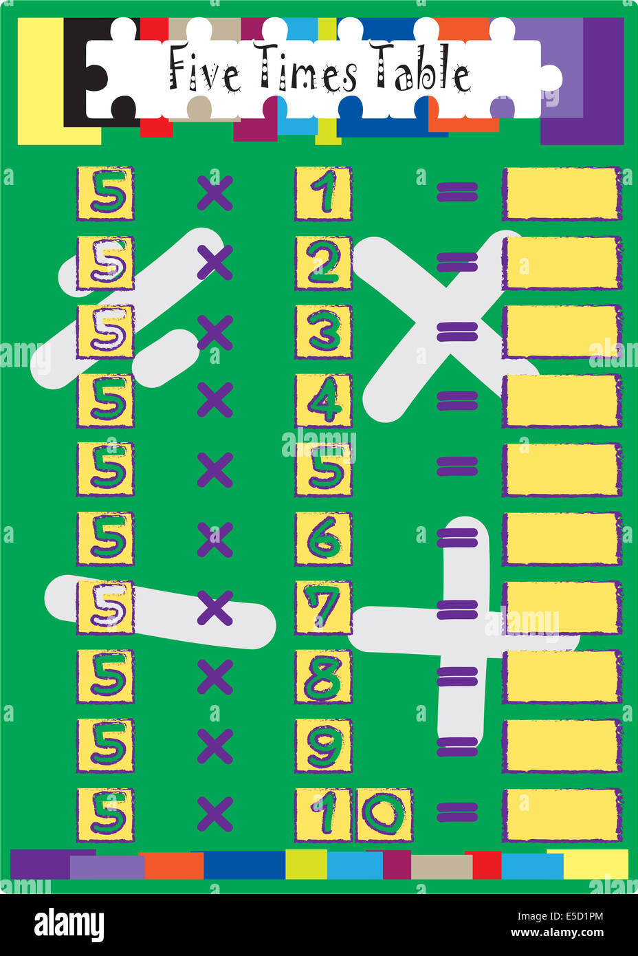 Test de mathématiques de multiplication multiplier cinq fois le tableau. Banque D'Images