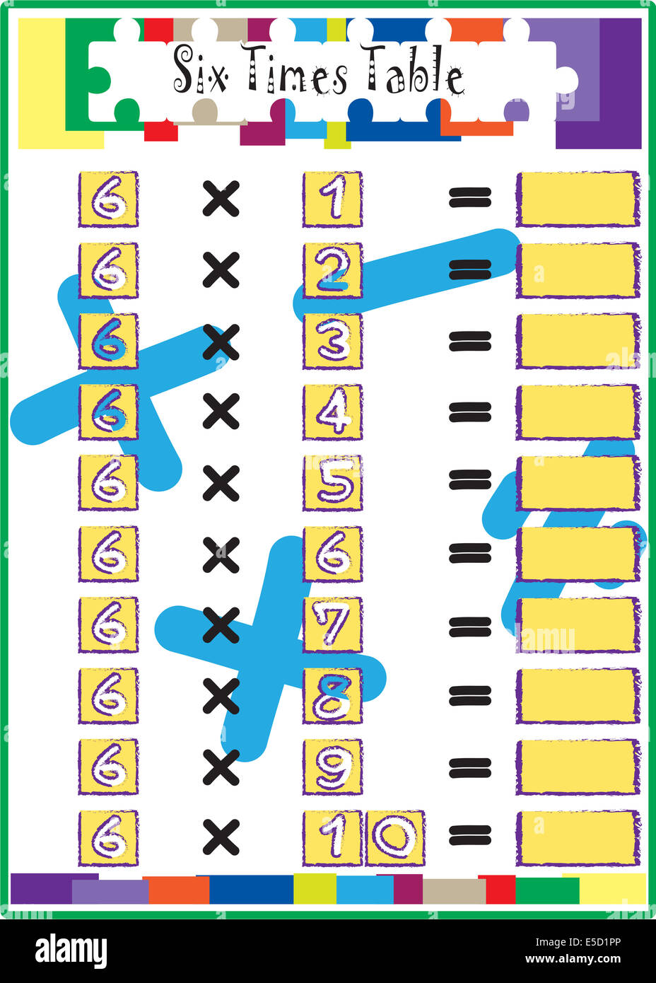 Test de mathématiques de multiplication de six multiplier fois table. Banque D'Images