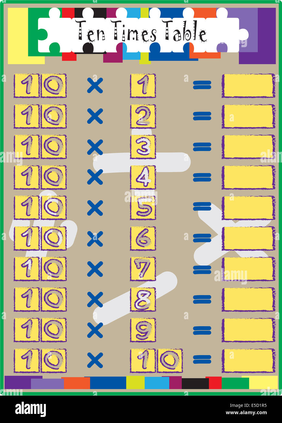 Test de mathématiques de multiplication de 10 multiplier fois table. Banque D'Images