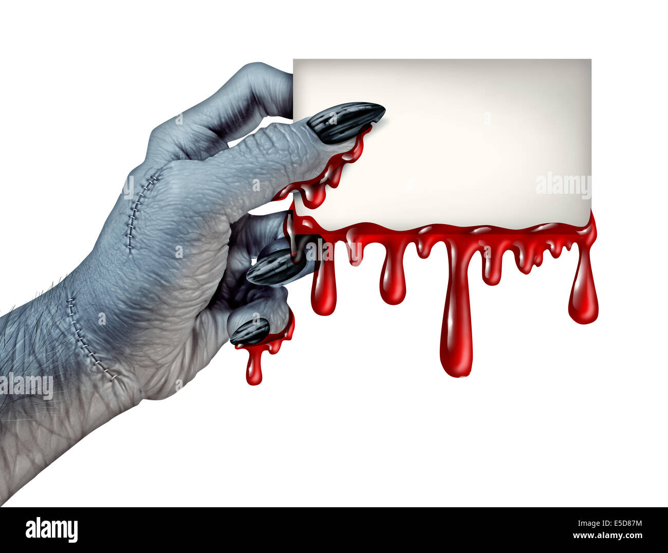 Monstre Zombie hand holding a blank dégoulinant de sang signe sur une carte Vue de côté comme un symbole effrayant ou halloween creepy avec texture Banque D'Images