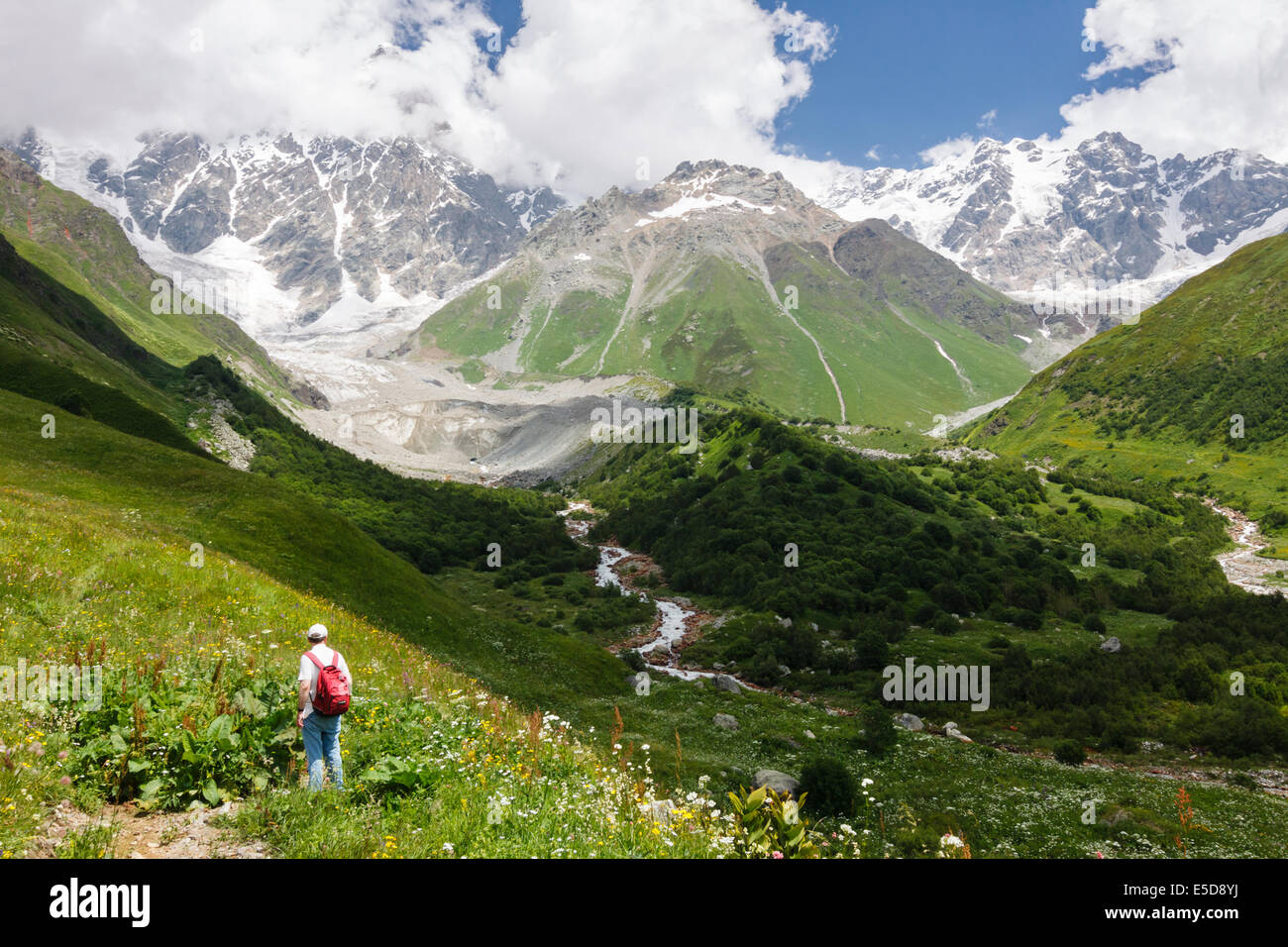 Au randonneur Shkhara Enguri vallée vers le massif, à 5068 m le plus haut sommet de la Géorgie. Banque D'Images