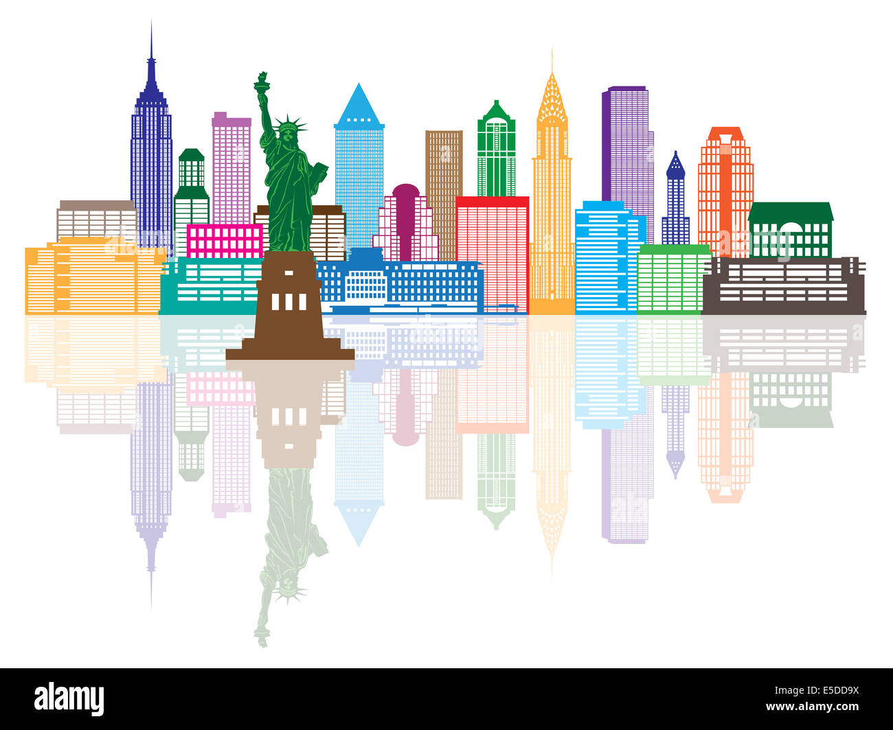New York City Skyline avec Statue de la liberté couleur avec Illustration de réflexion Banque D'Images