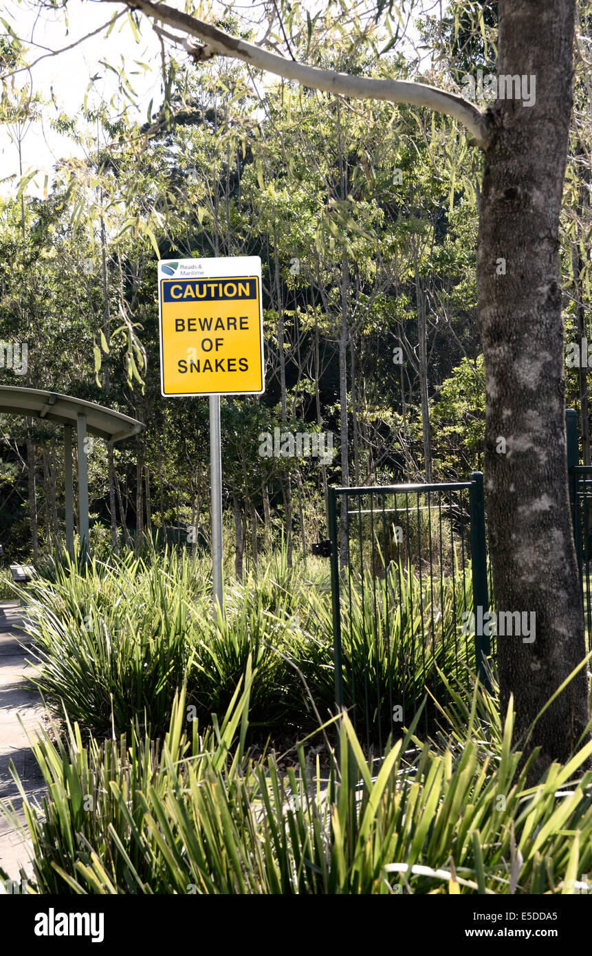Méfiez-vous des serpents signe en route de pique-nique. L'autoroute du Pacifique nord du NSW Australie Banque D'Images