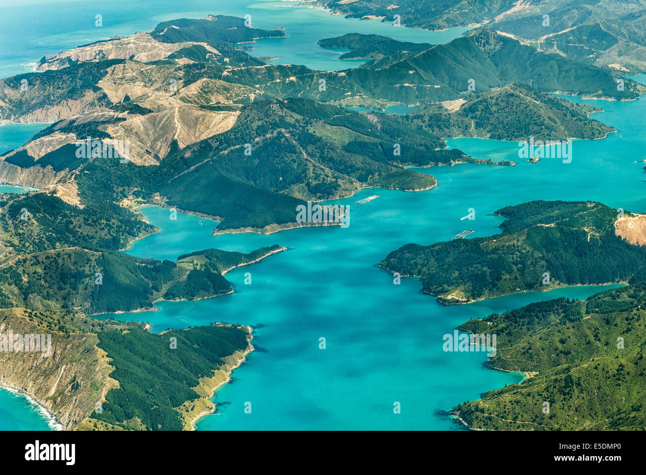 Nouvelle Zélande, île du Sud, Marlborough Sounds, photographie aérienne des fjords près de Queen Charlotte Sound Banque D'Images
