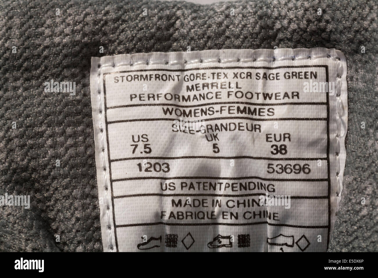 Étiquette de Merrell chaussure de marche Chaussures Performance fabriqués en Chine Banque D'Images