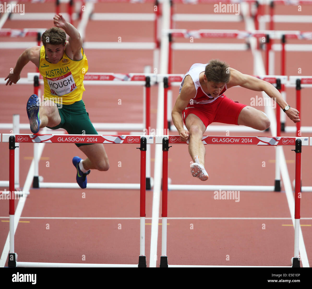 NICHOLAS HOUGH & LAWRENCE CLAR 110M HAIES HAMPDEN PARK GLASGOW ECOSSE 29 Juillet 2014 Banque D'Images