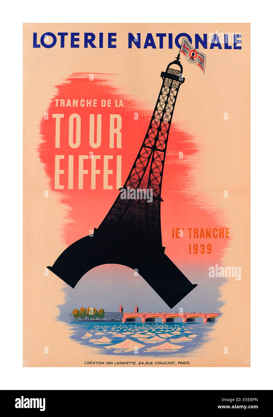1939 'l'affiche de la Loterie Nationale' avec la Tour Eiffel battant le motif de loterie Banque D'Images