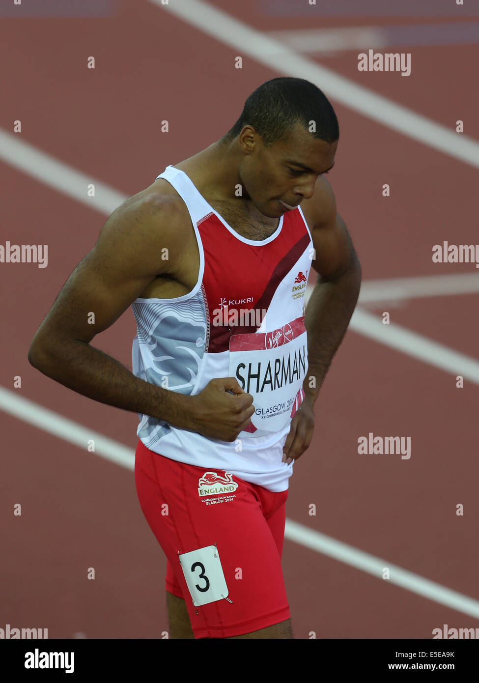 Un DÉÇU WILLIAM SHARMAN FINALE 110M HAIES HAMPDEN PARK GLASGOW ECOSSE 29 Juillet 2014 Banque D'Images