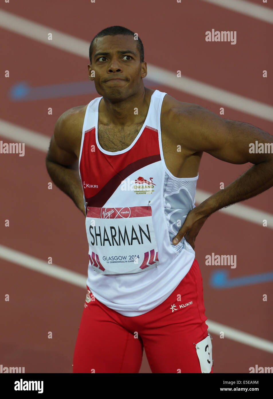 Un DÉÇU WILLIAM SHARMAN FINALE 110M HAIES HAMPDEN PARK GLASGOW ECOSSE 29 Juillet 2014 Banque D'Images