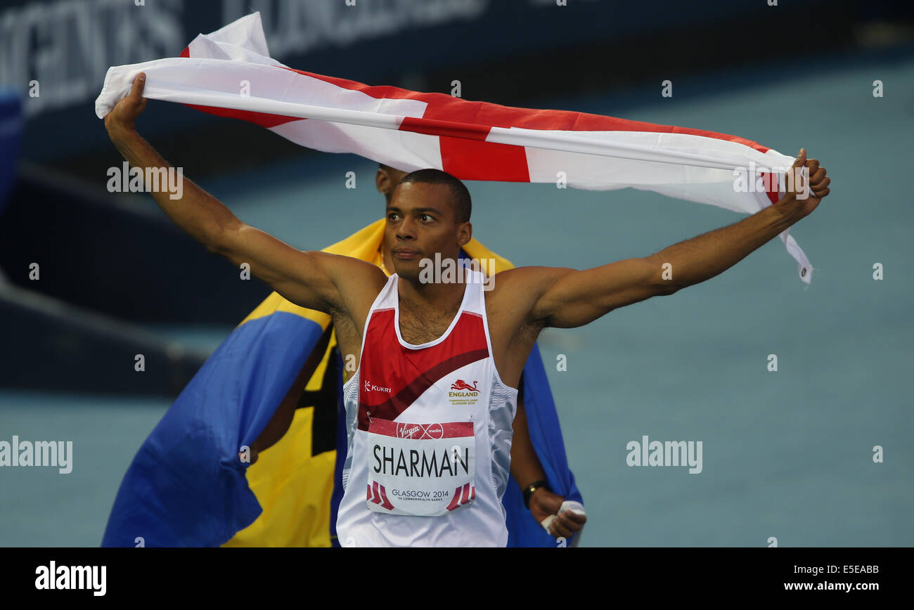 Un DÉÇU WILLIAM SHARMAN FINALE 110M HAIES HAMPDEN PARK GLASGOW ECOSSE 29 Juillet 2014 Banque D'Images