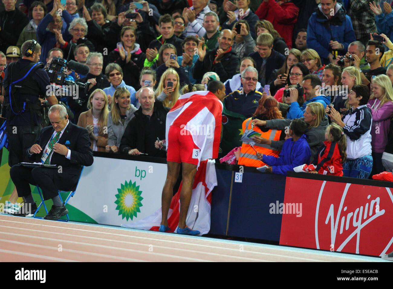 Glasgow, Ecosse. 29 juillet, 2014. Les Jeux du Commonwealth de Glasgow. Mens 110m haies. William Sharman après avoir terminé deuxième à Andrew Riley à la mens 110m haies finale à Hampden Park dans le cadre de la 2014 Jeux du Commonwealth à Glasgow. Credit : Action Plus Sport/Alamy Live News Banque D'Images