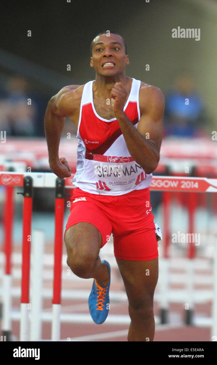 Glasgow, Ecosse. 29 juillet, 2014. Les Jeux du Commonwealth de Glasgow. Mens 110m haies. William Sharman termine deuxième à Andrew Riley à la mens 110m haies finale à Hampden Park dans le cadre de la 2014 Jeux du Commonwealth à Glasgow. Credit : Action Plus Sport/Alamy Live News Banque D'Images