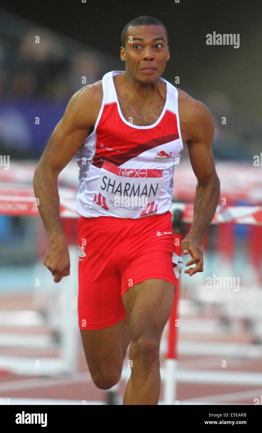 Glasgow, Ecosse. 29 juillet, 2014. Les Jeux du Commonwealth de Glasgow. Mens 110m haies. William Sharman termine deuxième à Andrew Riley à la mens 110m haies finale à Hampden Park dans le cadre de la 2014 Jeux du Commonwealth à Glasgow. Credit : Action Plus Sport/Alamy Live News Banque D'Images