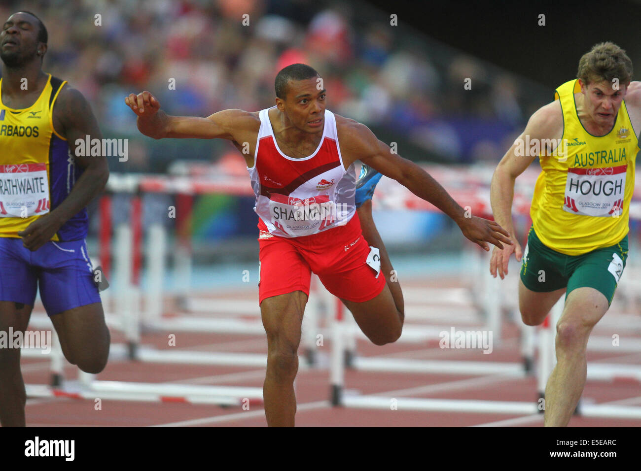 Glasgow, Ecosse. 29 juillet, 2014. Les Jeux du Commonwealth de Glasgow. Mens 110m haies. William Sharman termine deuxième à Andrew Riley à la mens 110m haies finale à Hampden Park dans le cadre de la 2014 Jeux du Commonwealth à Glasgow. Credit : Action Plus Sport/Alamy Live News Banque D'Images