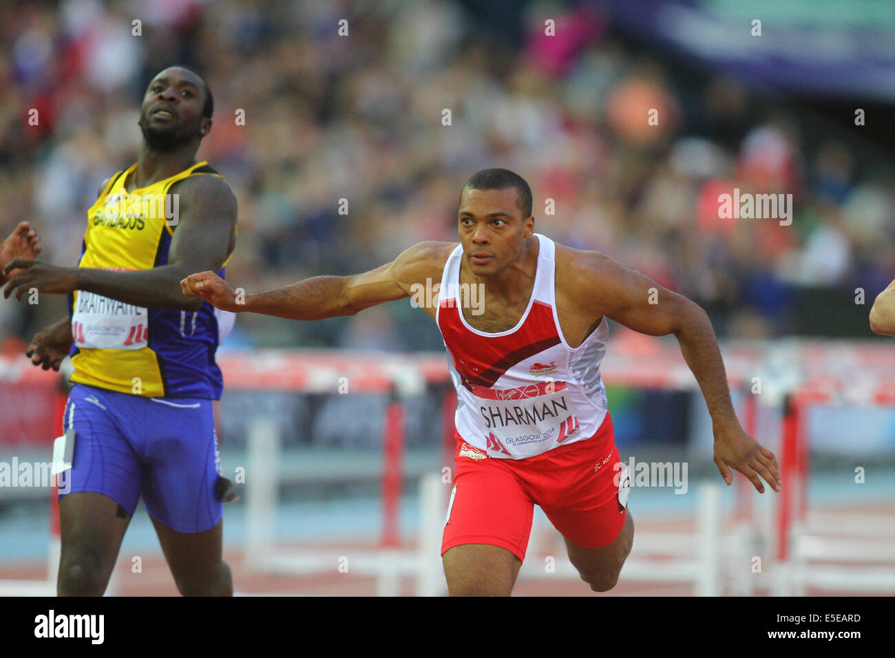 Glasgow, Ecosse. 29 juillet, 2014. Les Jeux du Commonwealth de Glasgow. Mens 110m haies. William Sharman termine deuxième à Andrew Riley à la mens 110m haies finale à Hampden Park dans le cadre de la 2014 Jeux du Commonwealth à Glasgow. Credit : Action Plus Sport/Alamy Live News Banque D'Images