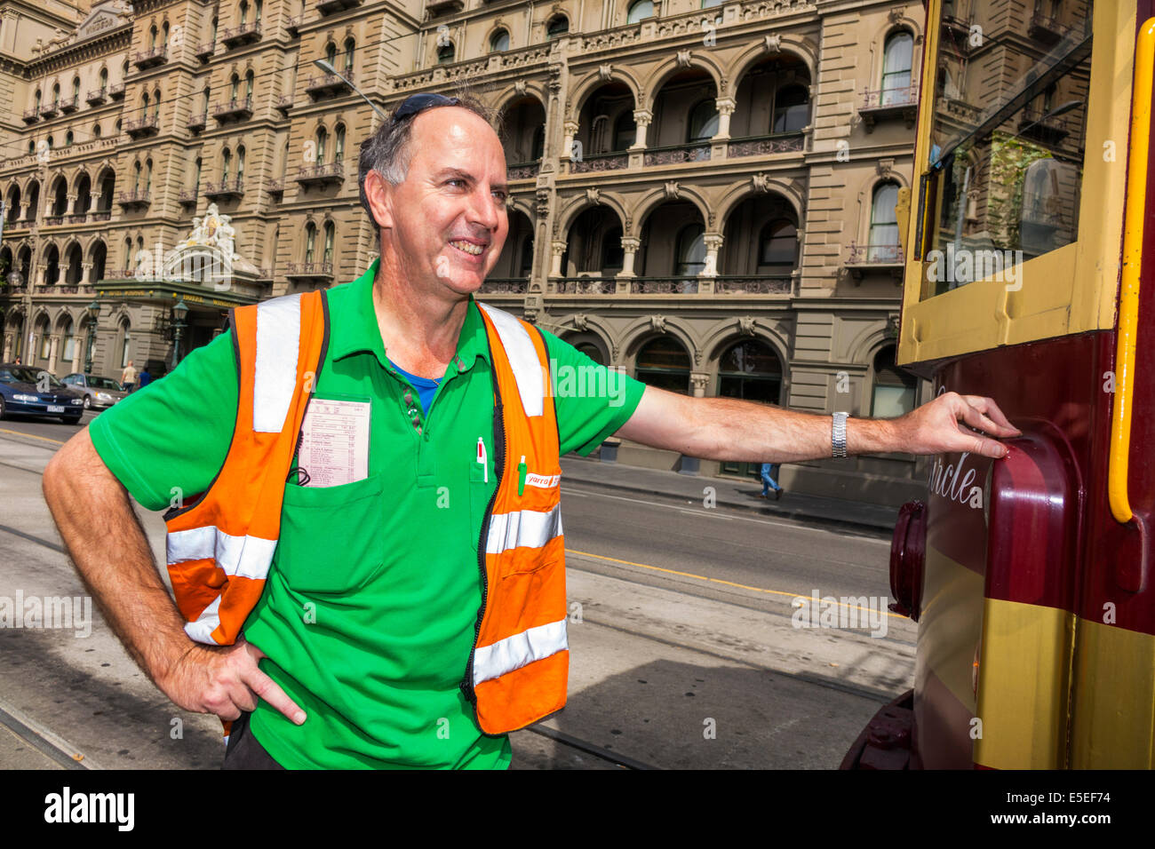 Melbourne Australie,Victoria CBD Central Business,District,Spring Bourke Street Station,tram,tramway,City Circle Line,chauffeur,opérateur,adulte homme Banque D'Images