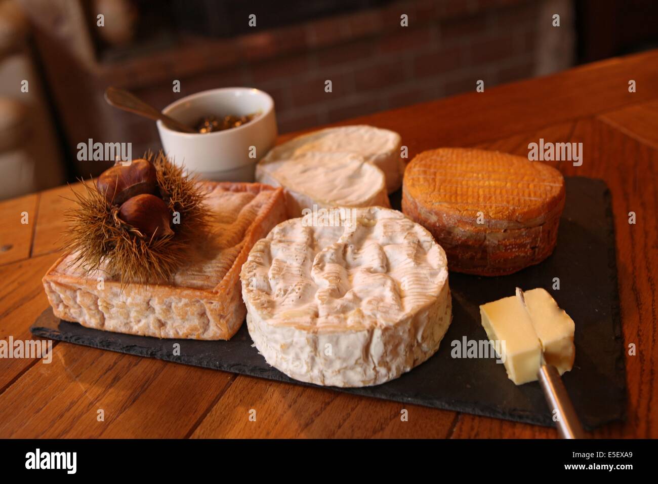 France, Basse Normandie, calvados, tracy sur rmer, bienvenue à la ferme, ferme de la rosiere, hebergement, brigitte et roland etienne, gastronomique, chambre d'hôtes, plateau de fromages, Banque D'Images