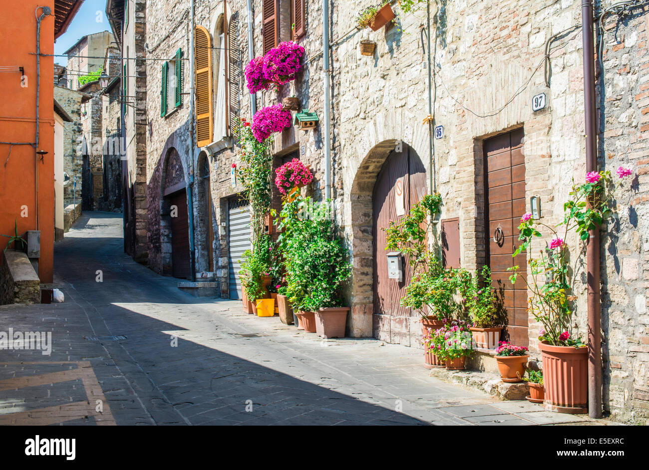 Maisons typiques italiens. Les bâtiments en pierre et de fleurs Banque D'Images