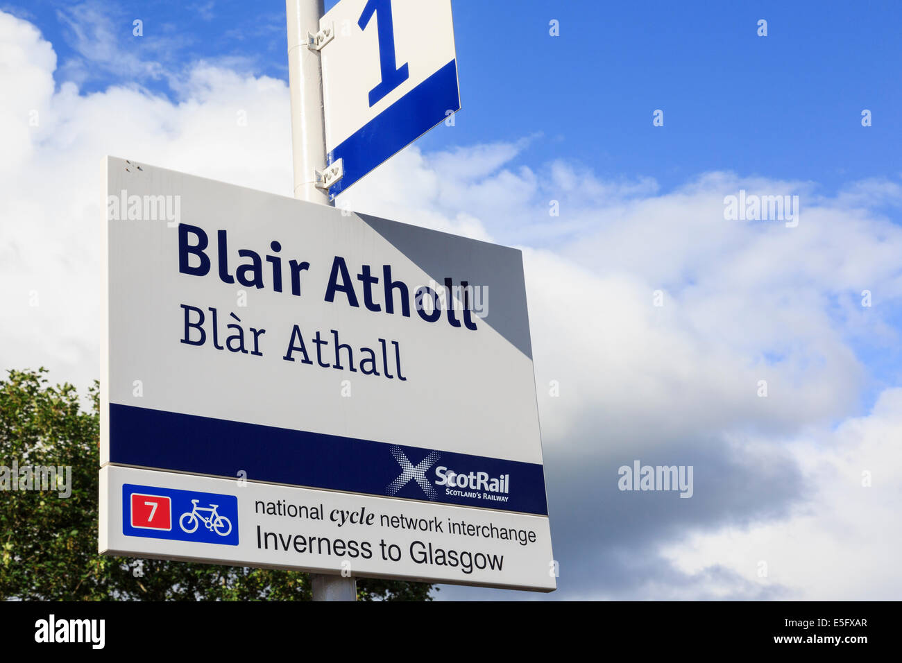 National Cycle Network interchange signe sur gare à Blair Atholl, Perth et Kinross, Scotland, UK, Grande-Bretagne Banque D'Images