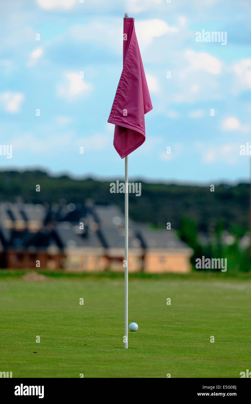 Une balle de golf blanche au niveau du trou Banque D'Images