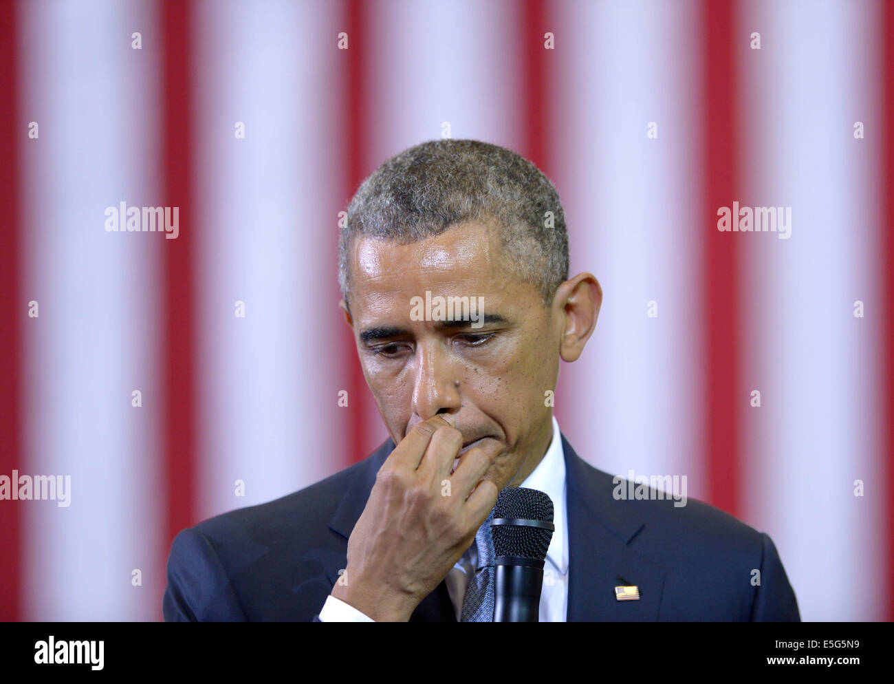 Washington, DC, USA. 21 juillet, 2014. Photo prise le 21 juillet 2014 montre le président des États-Unis, Barack Obama, s'exprimant à Washington, DC, aux Etats-Unis. La Chambre a approuvé mercredi un procès contre le président Barack Obama au prétendu abus du pouvoir exécutif. © Yin Bogu/Xinhua/Alamy Live News Banque D'Images