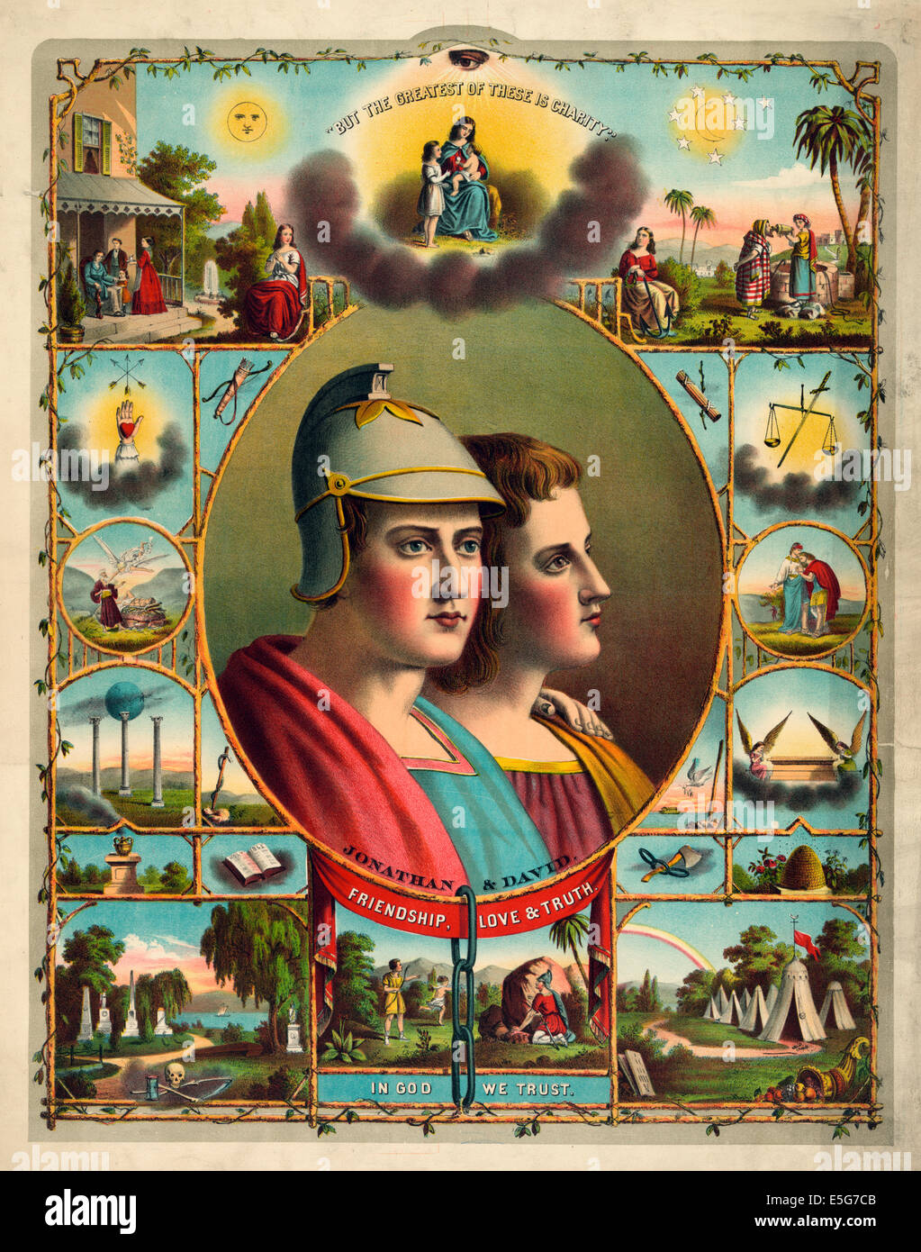In God we trust - Buste portrait de 'Jonathan & David' dans un ovale entouré par des religieux et des scènes et des symboles maçonniques. 1883 Banque D'Images