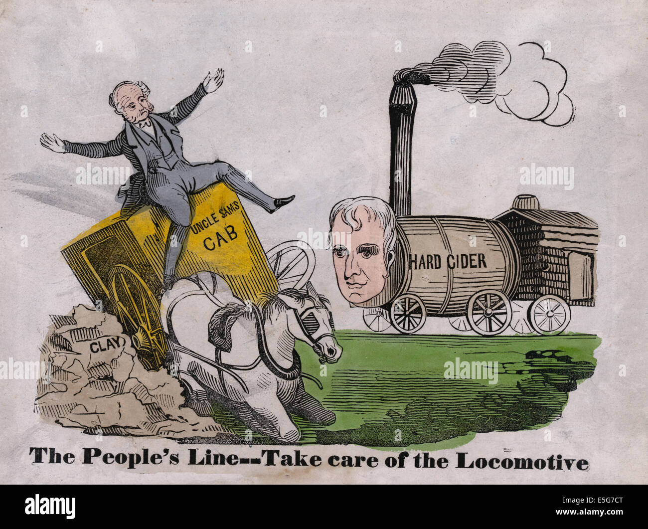 La ligne - Prendre soin de la locomotive - président sortant Martin Van Buren durs 'Oncle Sam's Cab', un chariot tiré par un cheval qui l'blindered épaves sur un tas de 'l'argile." Le chariot fondateurs dans le chemin d'une locomotive, vraiment un assemblage d'un disque 'canon' Cidre, une cabane, et la tête de candidat à la présidence Whig William Henry Harrison sur roues. Comme 'la danse Politique Jack' Banque D'Images